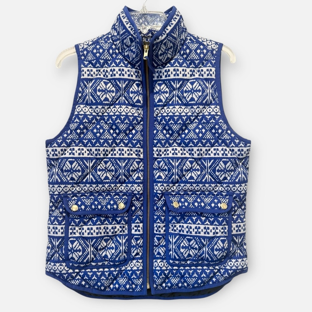 J. Crew Quilted Puffer Down Vest Blue White Fair Isle Ikat Print Sz S
